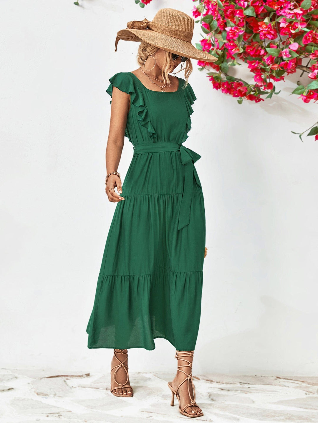 Tie Belt Ruffled Tiered Dress - Runway Frenzy 