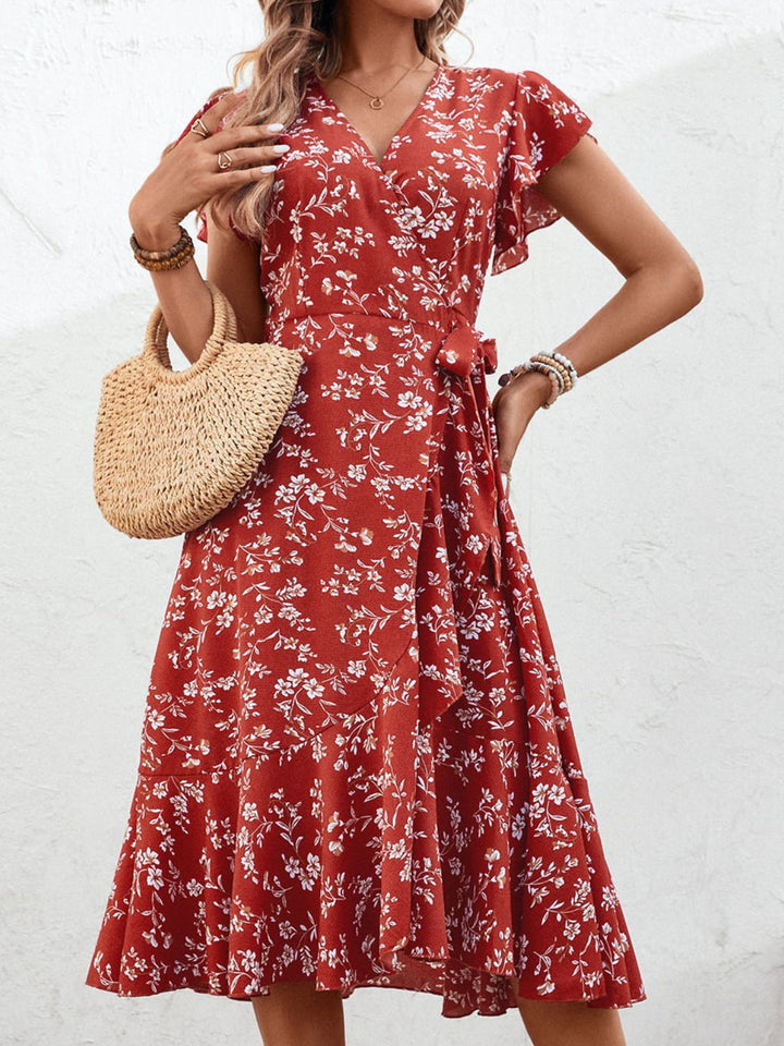 Floral Surplice Neck Flutter Sleeve Dress - Runway Frenzy