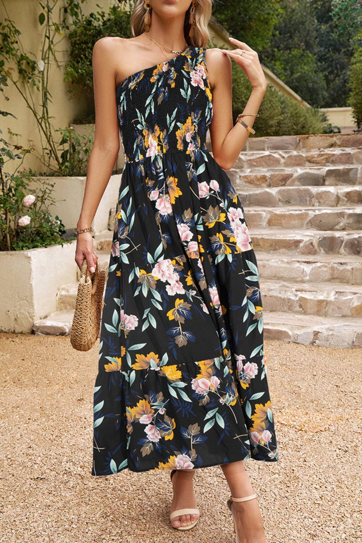 Floral One-Shoulder Sleeveless Dress with Pockets - Runway Frenzy