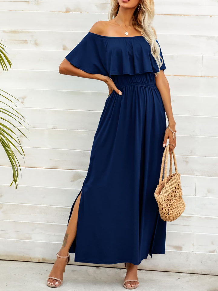 Off-Shoulder Slit Maxi Dress - Runway Frenzy 