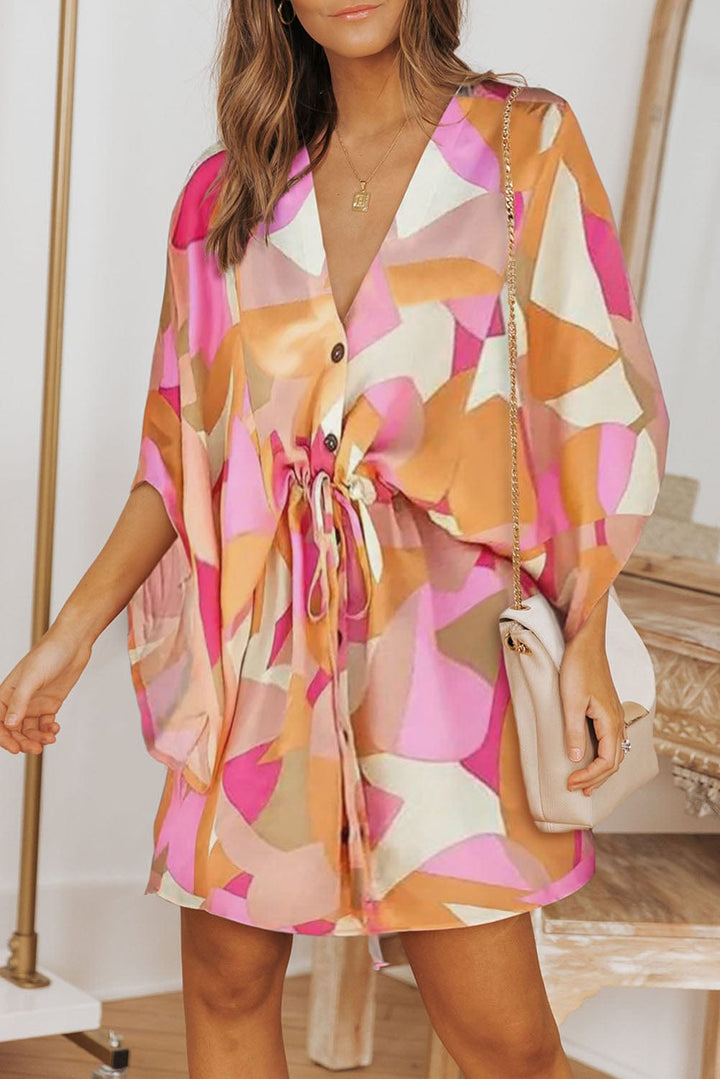 Printed V-Neck Drawstring Waist Dress - Runway Frenzy