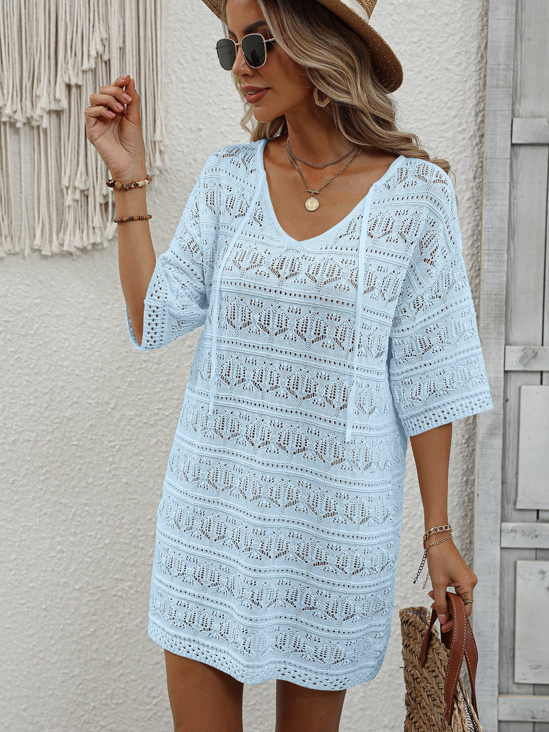 Openwork V-Neck Mini Knit Dress - Runway Frenzy 