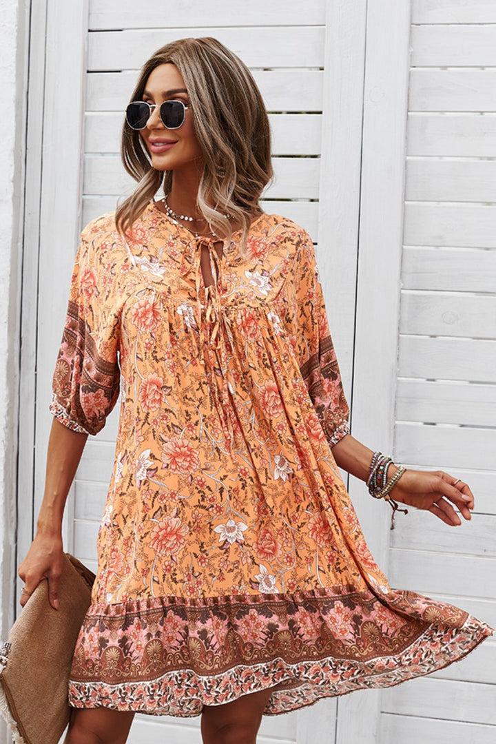 Bohemian Tie Neck Mini Dress - Runway Frenzy