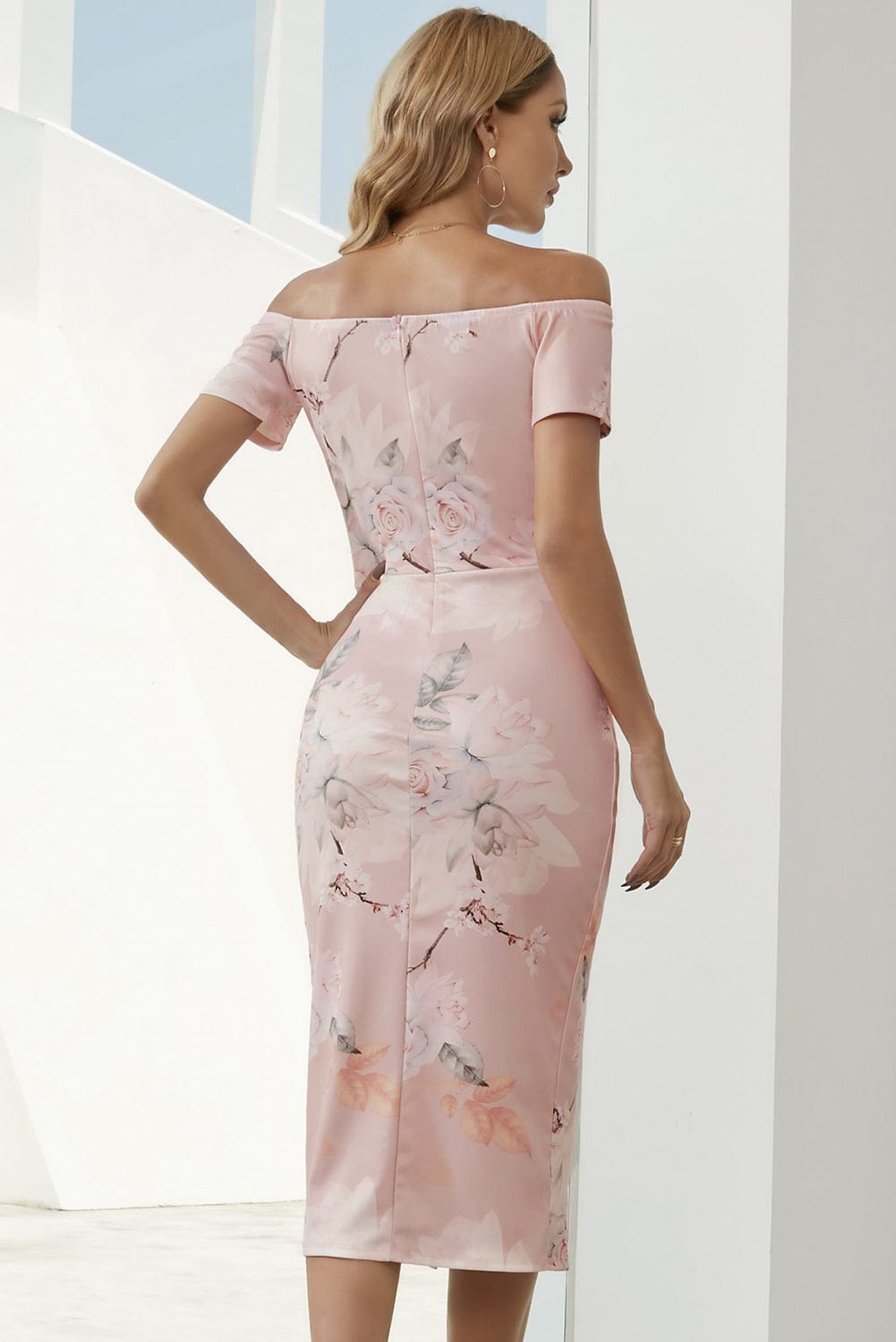 Printed Off-Shoulder Slit Midi Dress - Runway Frenzy 