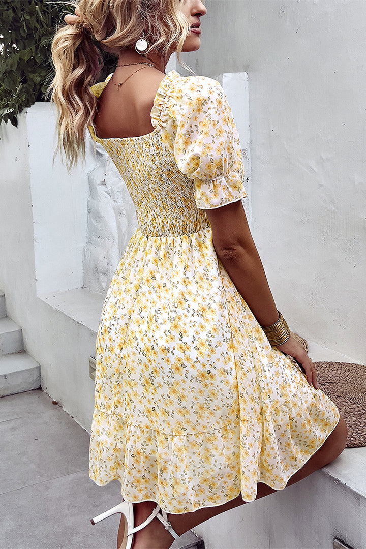 Floral Smocked Square Neck Flounce Sleeve Dress - Runway Frenzy