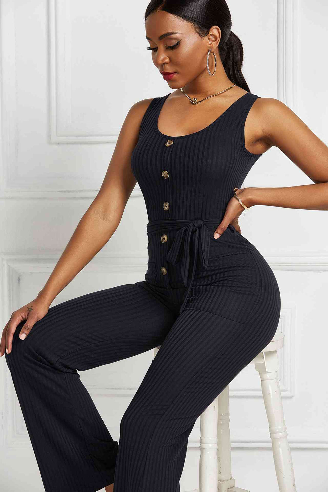 Button Detail Tie Waist Jumpsuit with Pockets - Runway Frenzy