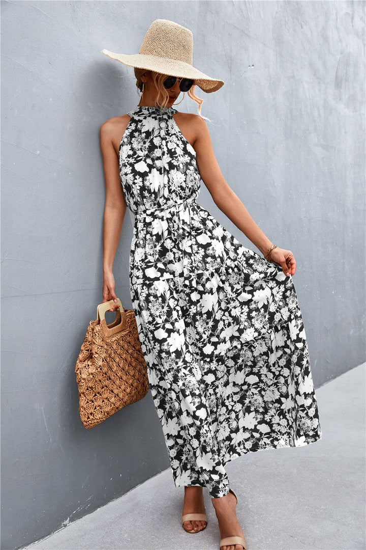 Printed Sleeveless Tie Waist Maxi Dress - Runway Frenzy 