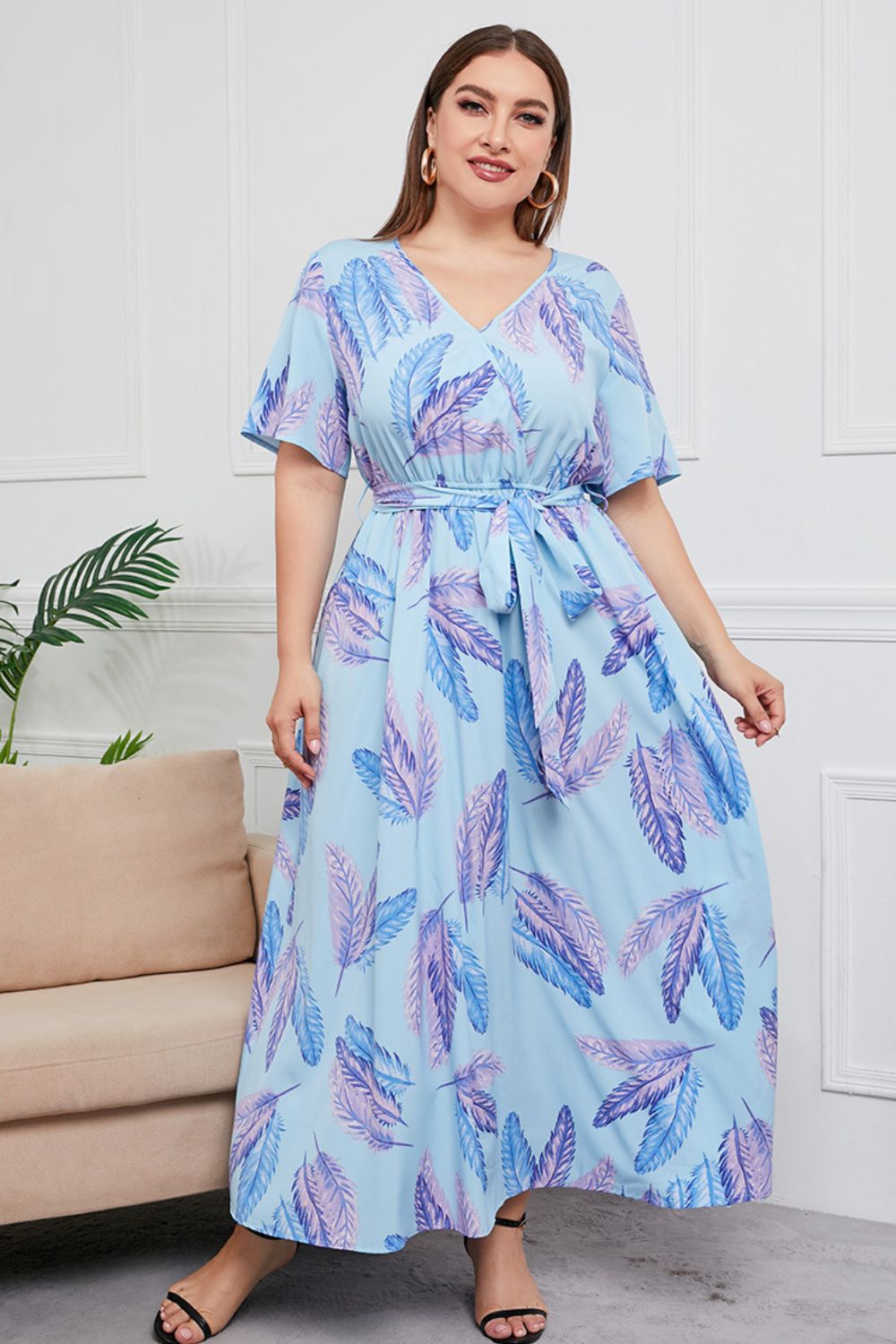 Plus Size Printed Surplice Short Sleeve Maxi Dress - Runway Frenzy 