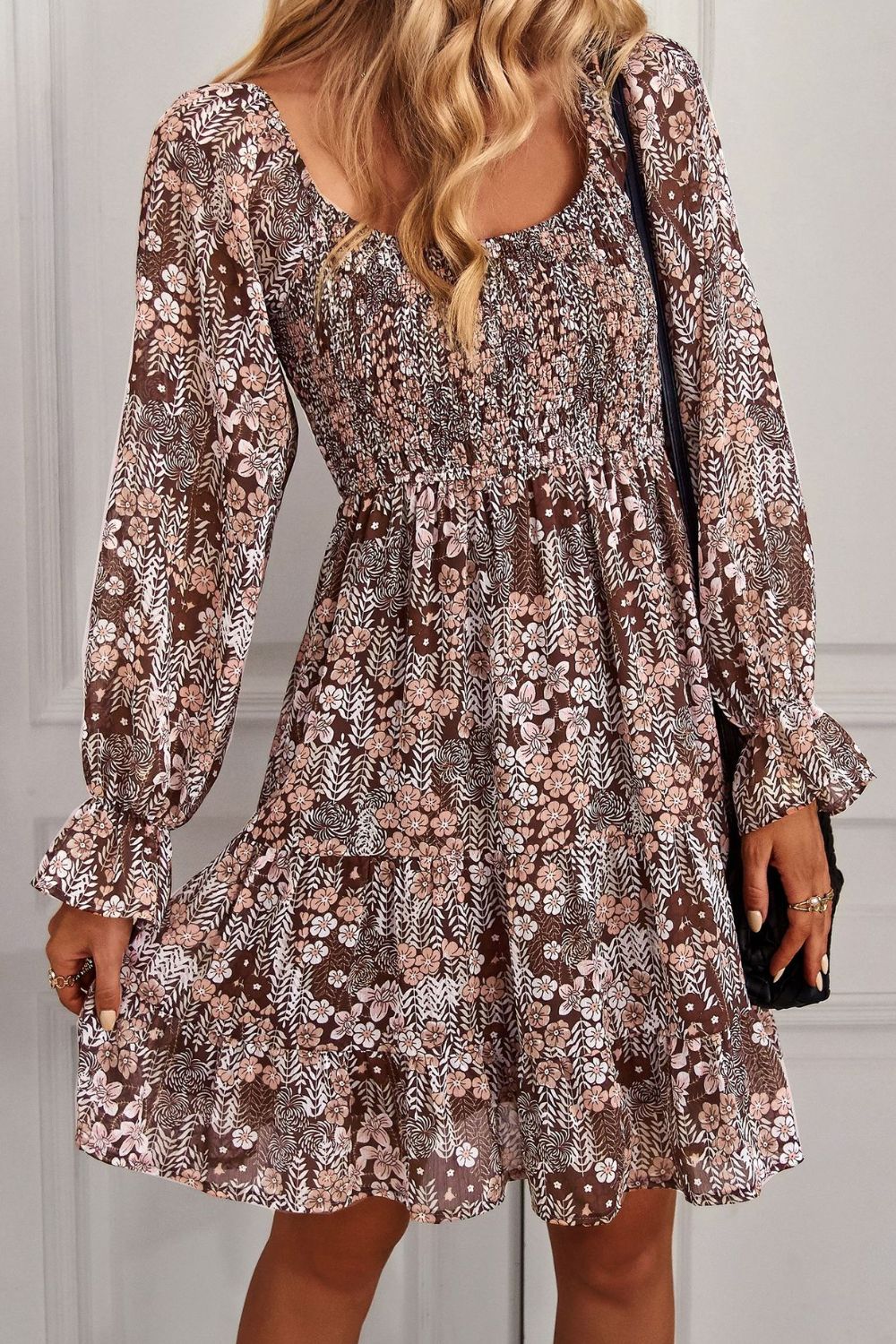 Floral Long Flounce Sleeve Square Neck Dress - Runway Frenzy