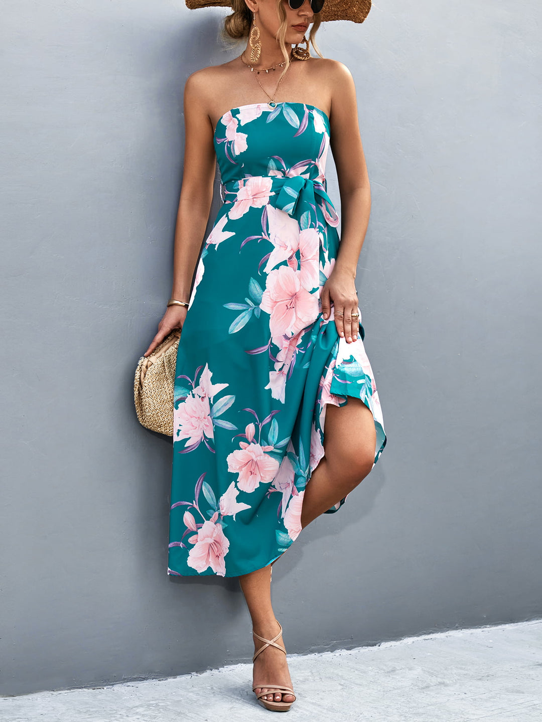 Floral Print Tie Waist Straight Neck Midi Dress - Runway Frenzy