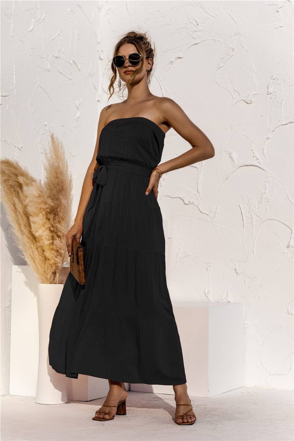 Strapless Tie Waist Tiered Maxi Dress - Runway Frenzy 