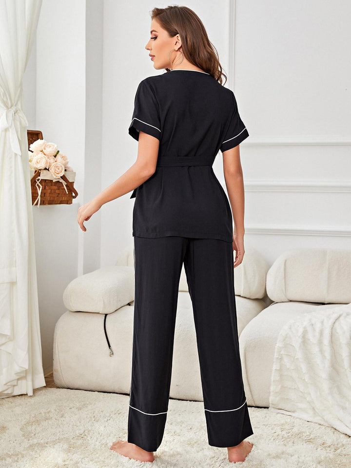 Contrast Piping Belted Top and Pants Pajama Set - Runway Frenzy