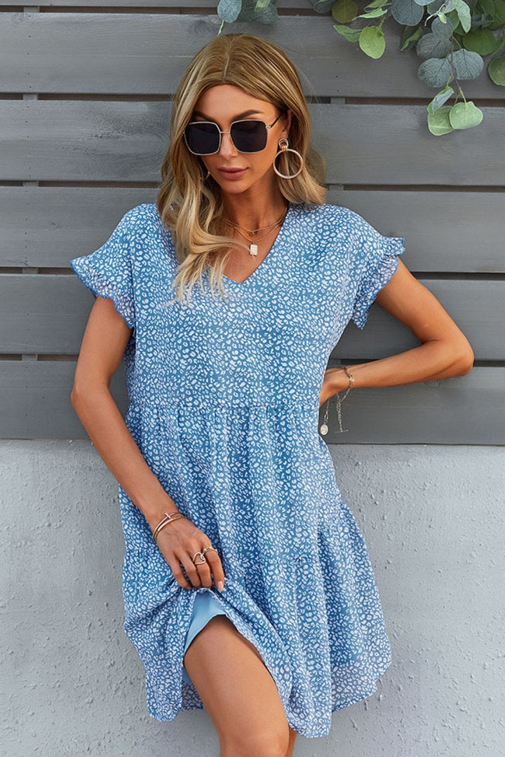 Printed V-Neck Short Sleeve Tiered Dress - Runway Frenzy