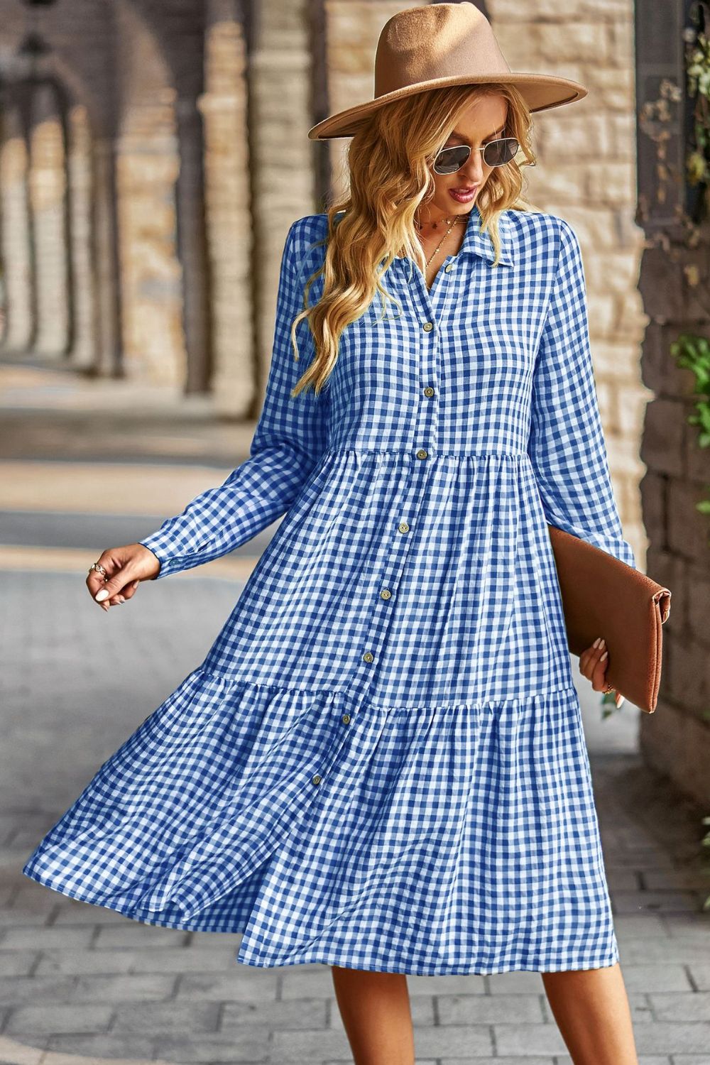 Collared Neck Long Sleeve Midi Dress - Runway Frenzy