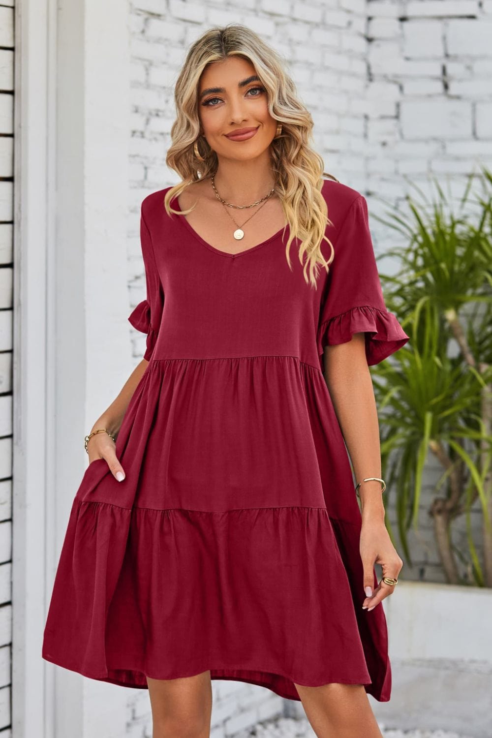 V-Neck Flounce Sleeve Tiered Dress - Runway Frenzy 