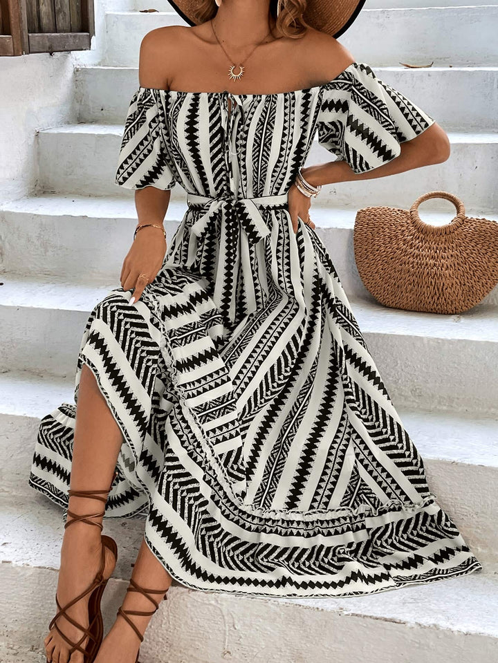 Printed Off-Shoulder Tie Belt Midi Dress - Runway Frenzy 