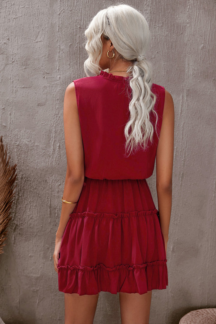 Tie Neck Frill Trim Sleeveless Mini Dress - Runway Frenzy 