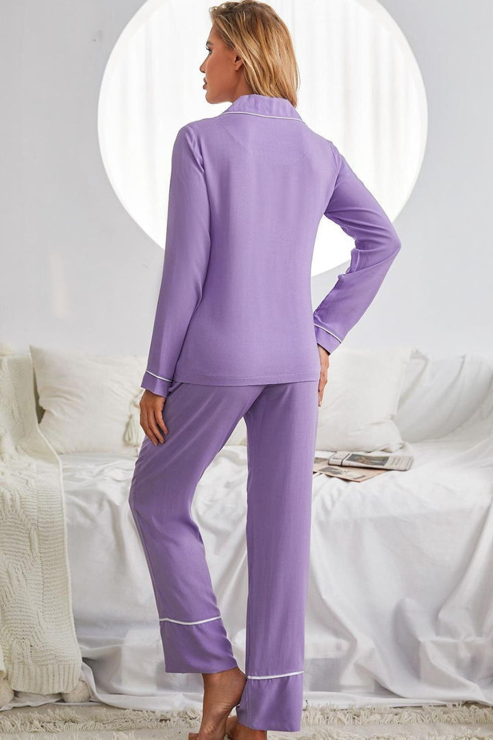 Contrast Lapel Collar Shirt and Pants Pajama Set with Pockets - Runway Frenzy
