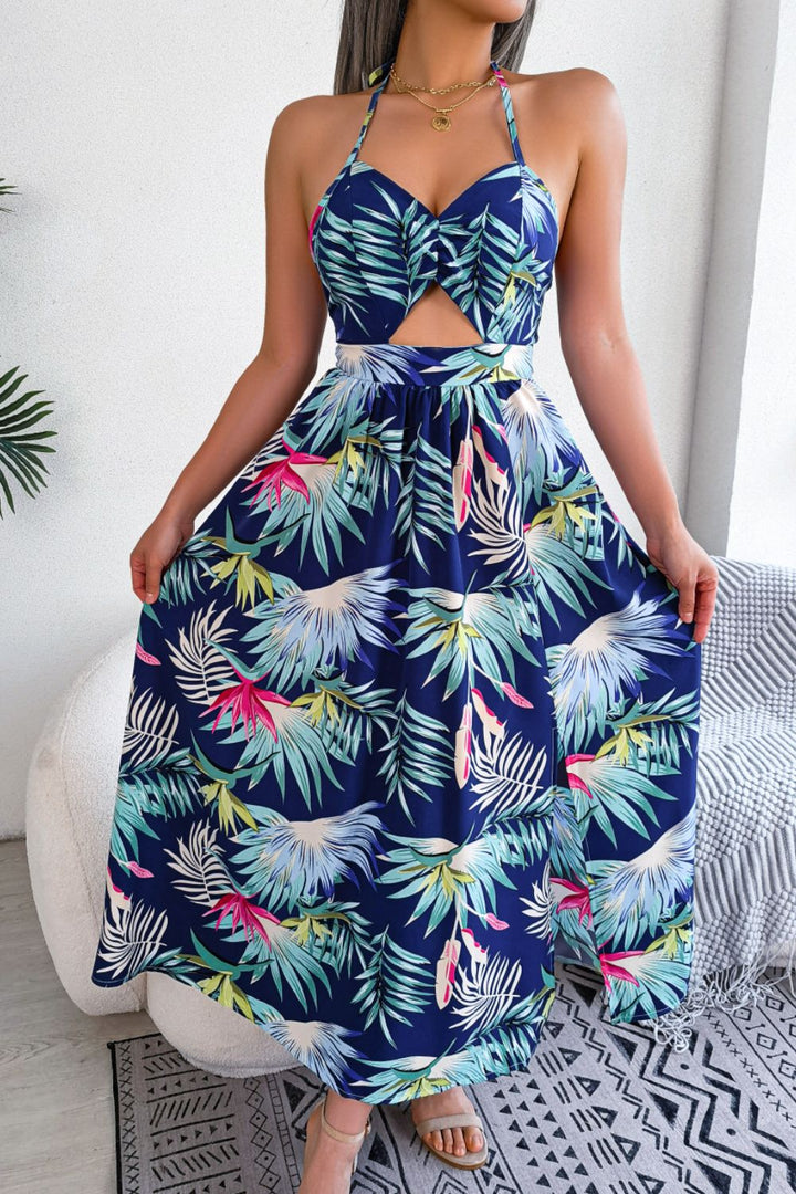 Botanical Print Tied Backless Cutout Slit Dress - Runway Frenzy