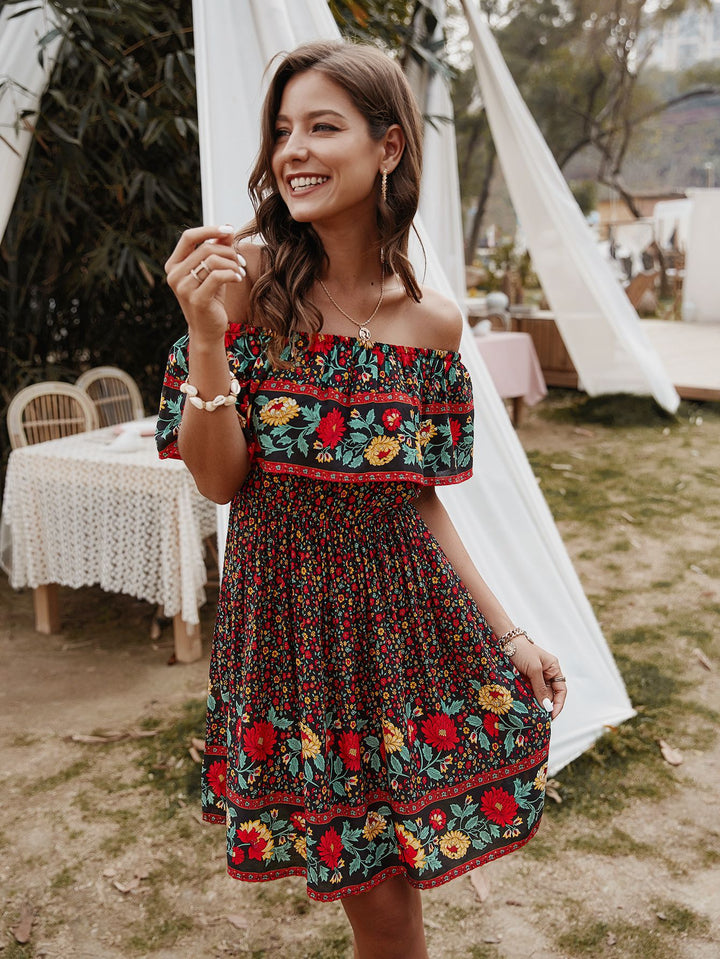 Bohemian Print Off-Shoulder Strapless Knee Length Dress - Runway Frenzy