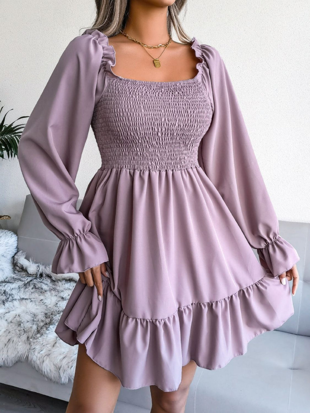 Smocked Flounce Sleeve Square Neck Dress - Runway Frenzy 