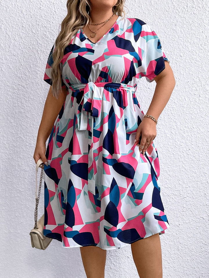 Plus Size Multicolored V-Neck Tie Waist Dress - Runway Frenzy 