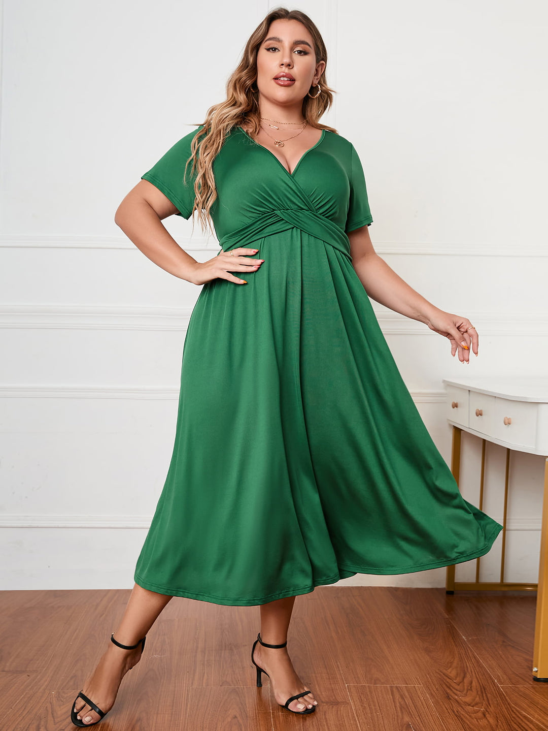 Plus Size Short Sleeve Surplice Neck Midi Dress - Runway Frenzy 