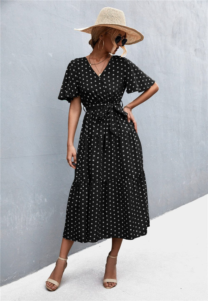 Printed V-Neck Flutter Sleeve Belted Dress - Runway Frenzy