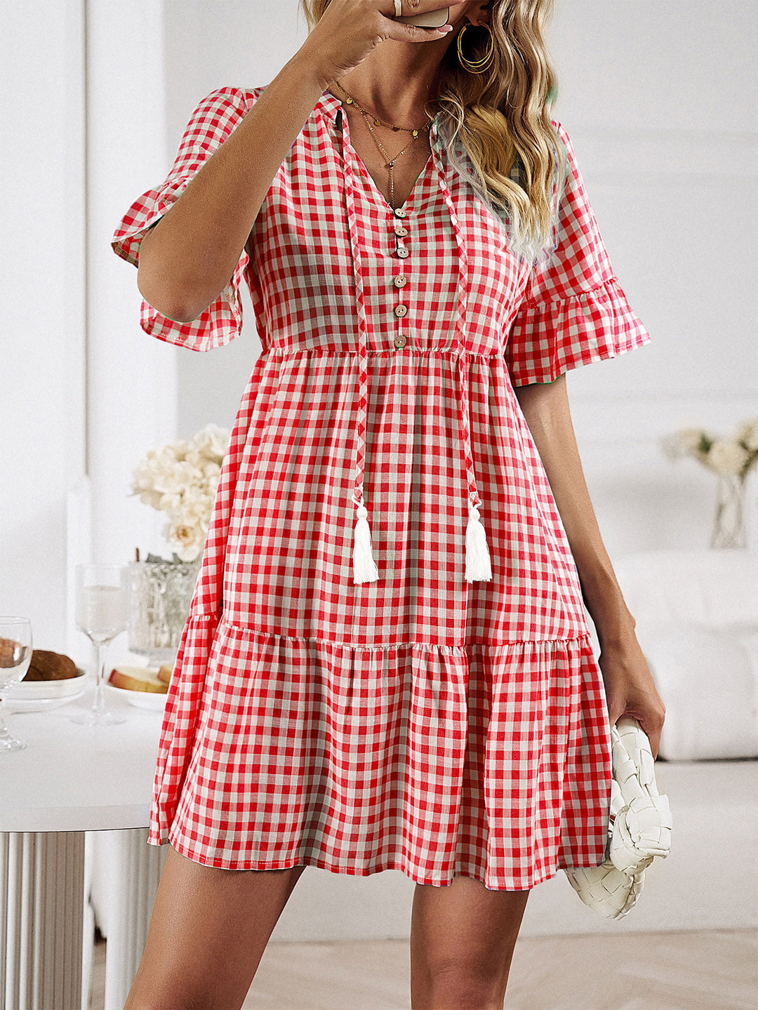 Plaid Flounce Sleeve Buttoned Mini Dress - Runway Frenzy 