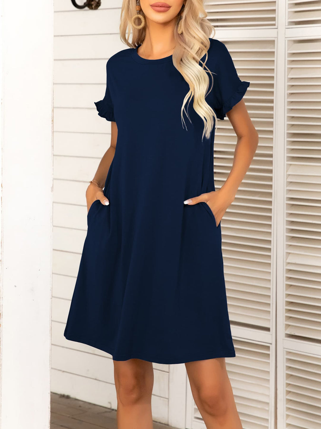 Round Neck Flounce Sleeve Dress with Pockets - Runway Frenzy 