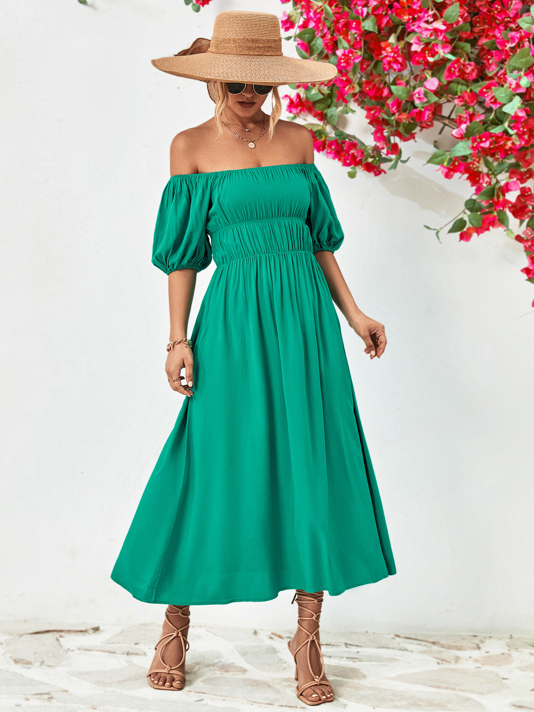 Off-Shoulder Balloon Sleeve Midi Dress - Runway Frenzy 