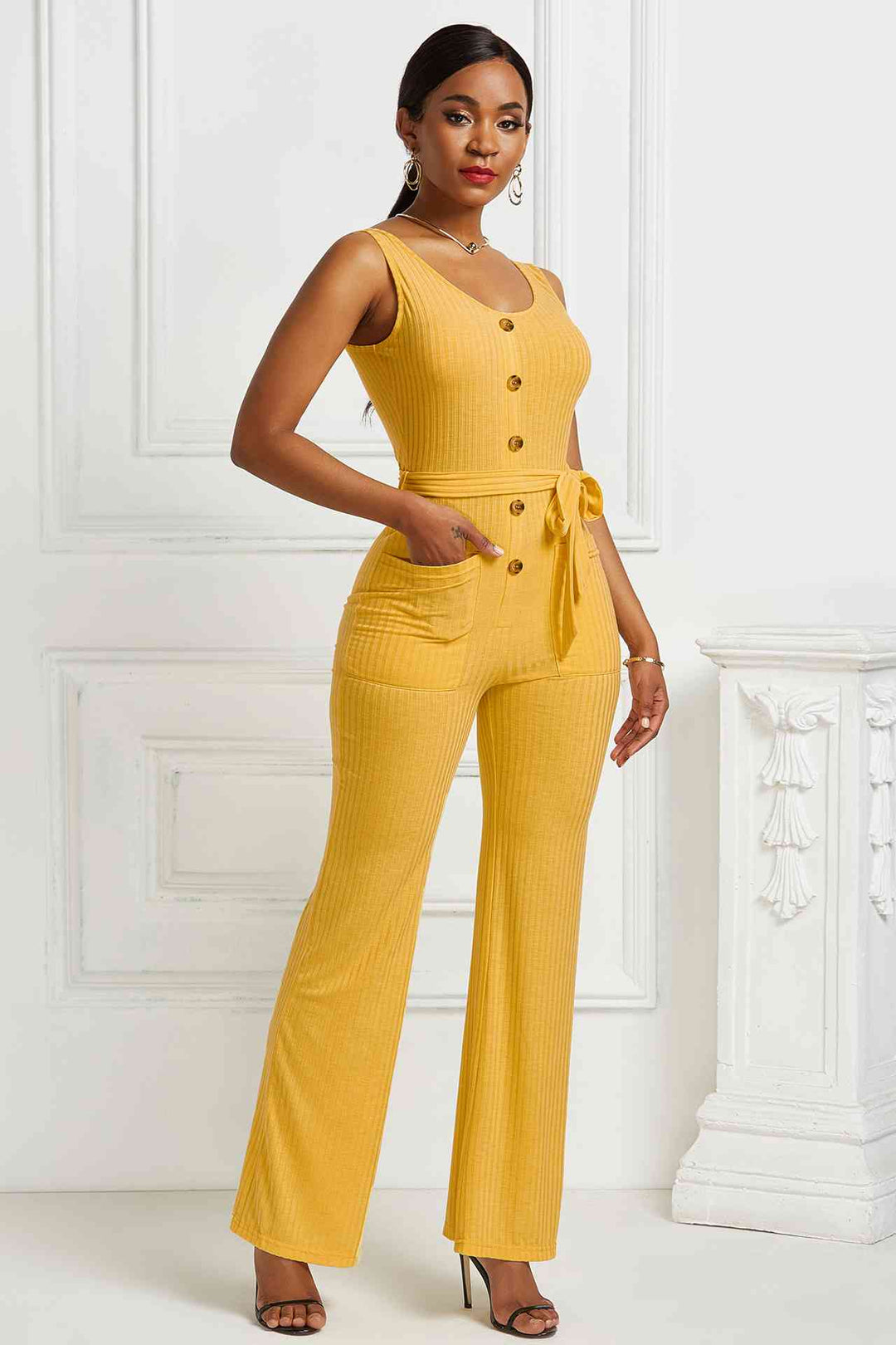 Button Detail Tie Waist Jumpsuit with Pockets - Runway Frenzy