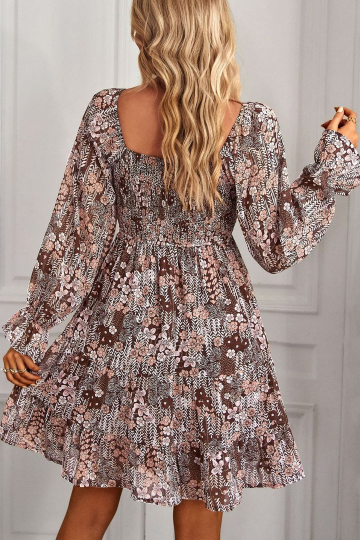 Floral Long Flounce Sleeve Square Neck Dress - Runway Frenzy