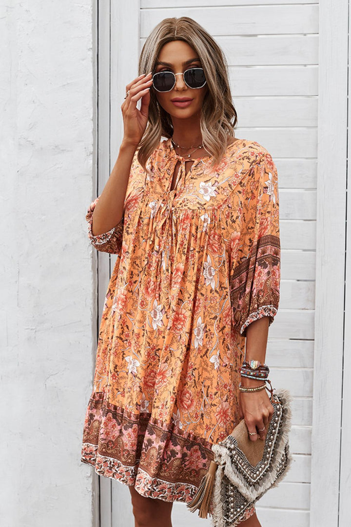 Bohemian Tie Neck Mini Dress - Runway Frenzy