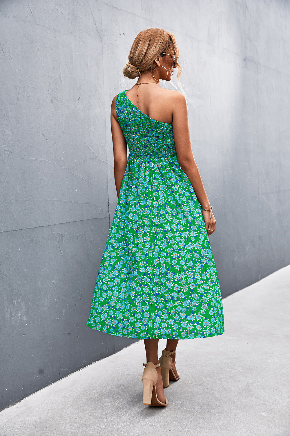 Floral Smocked One-Shoulder Midi Dress - Runway Frenzy