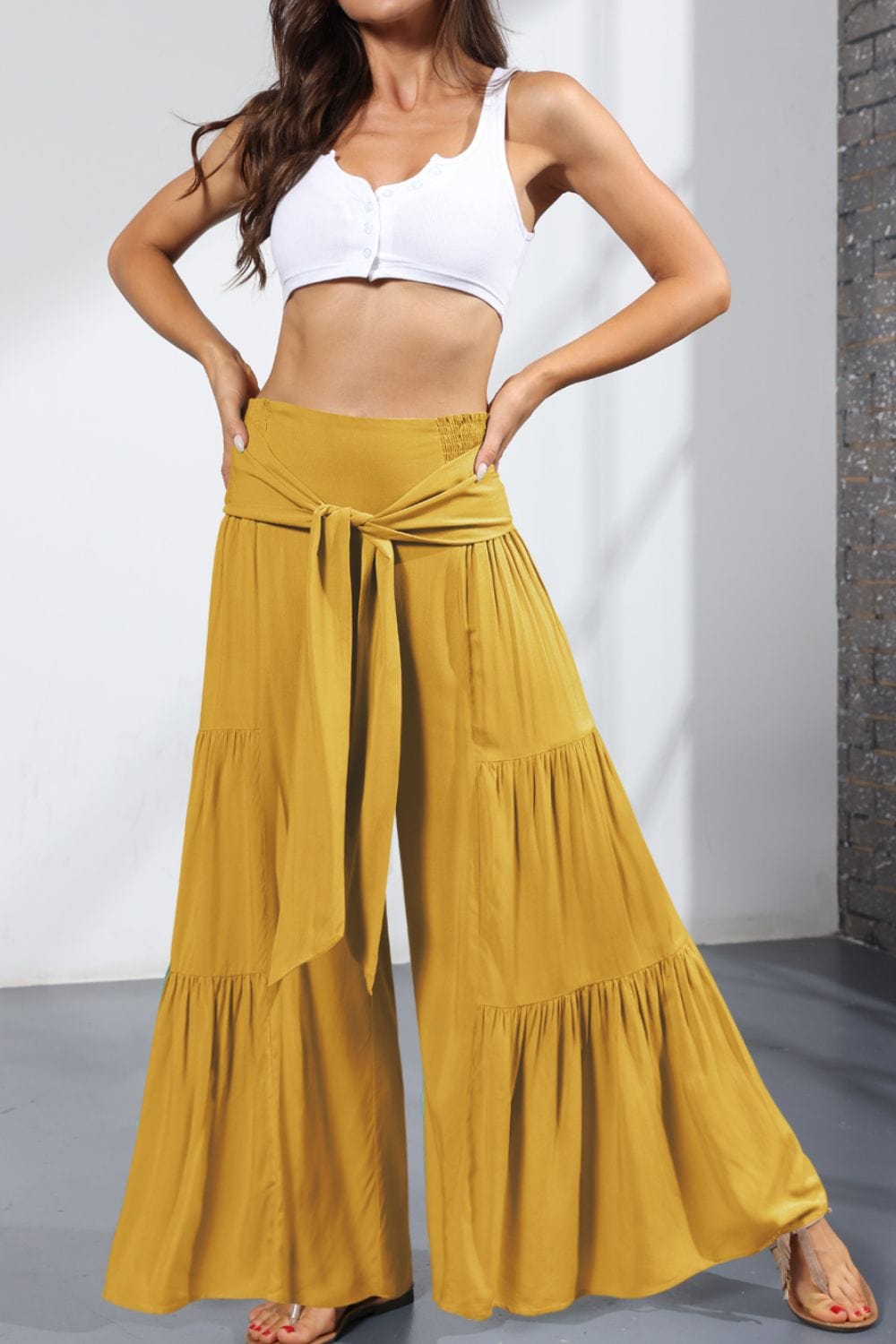 Tie Front Smocked Tiered Culottes - Runway Frenzy 