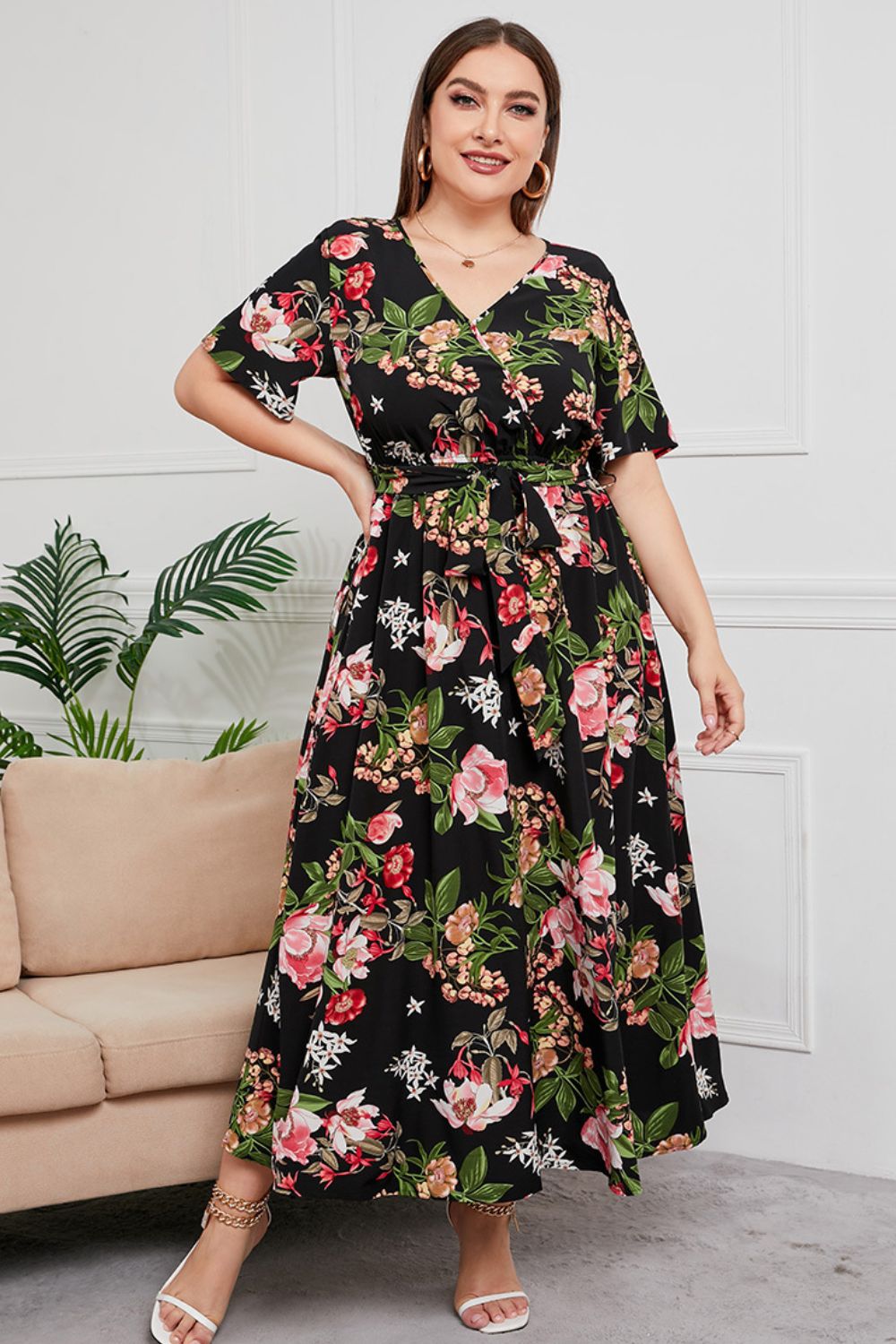 Plus Size Printed Surplice Short Sleeve Maxi Dress - Runway Frenzy 