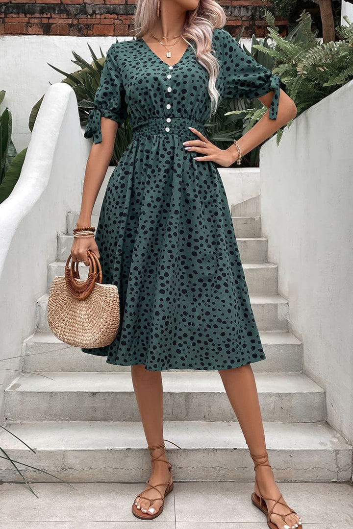 Printed Tie Cuff Smocked Waist Dress - Runway Frenzy