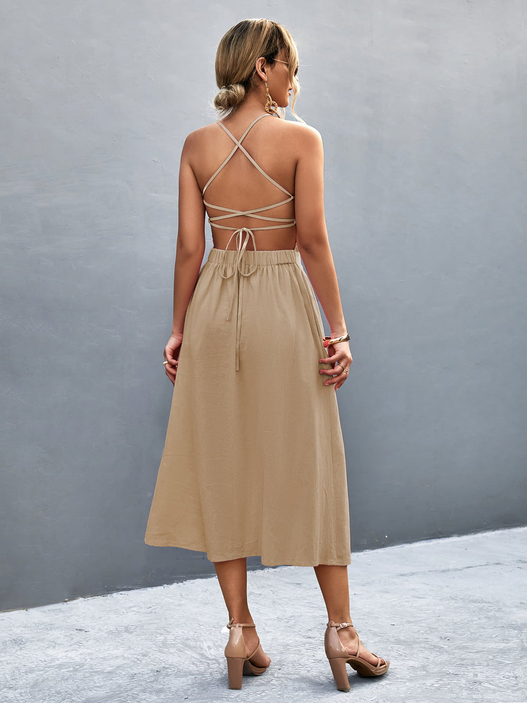 Buttoned Halter Neck Frill Trim Midi Dress - Runway Frenzy