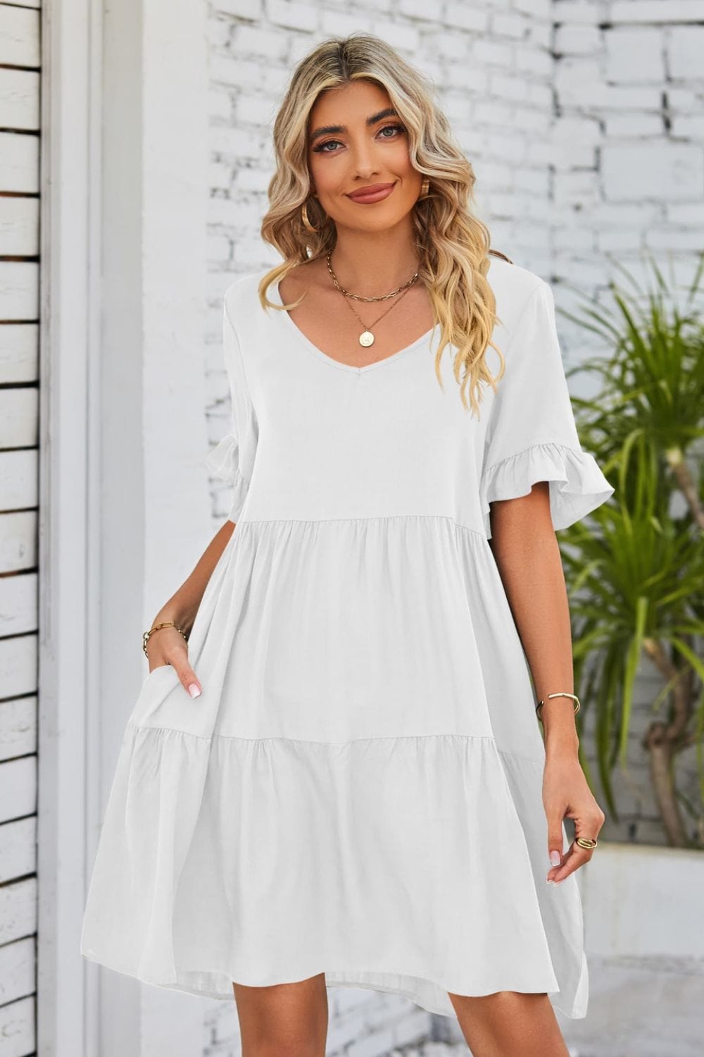 V-Neck Flounce Sleeve Tiered Dress - Runway Frenzy 