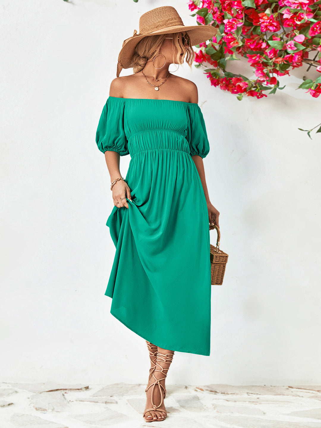 Off-Shoulder Balloon Sleeve Midi Dress - Runway Frenzy 