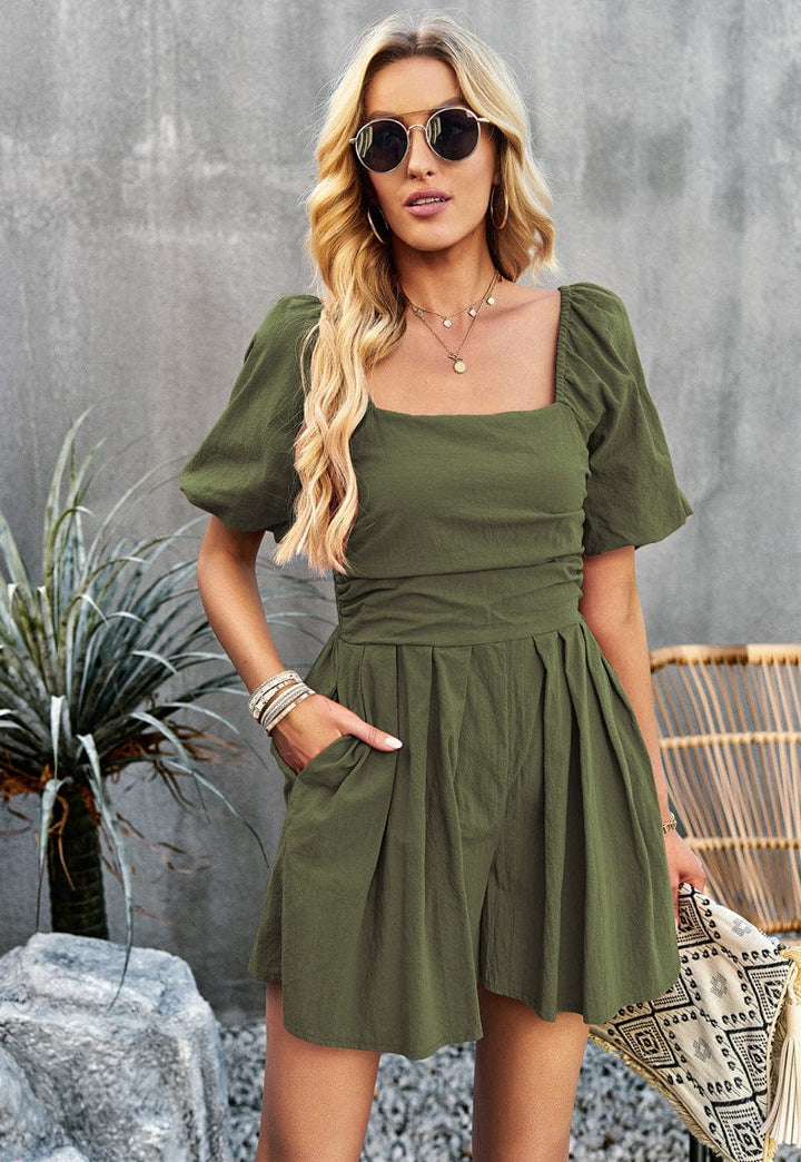 Square Neck Short Sleeve Smocked Romper - Runway Frenzy 