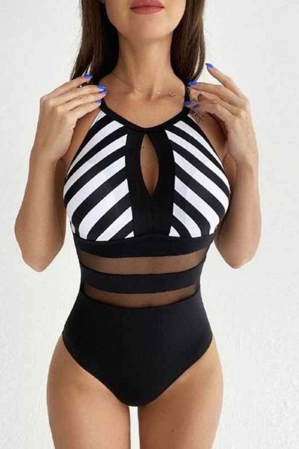 Striped Backless One-Piece Swimsuit - Runway Frenzy 