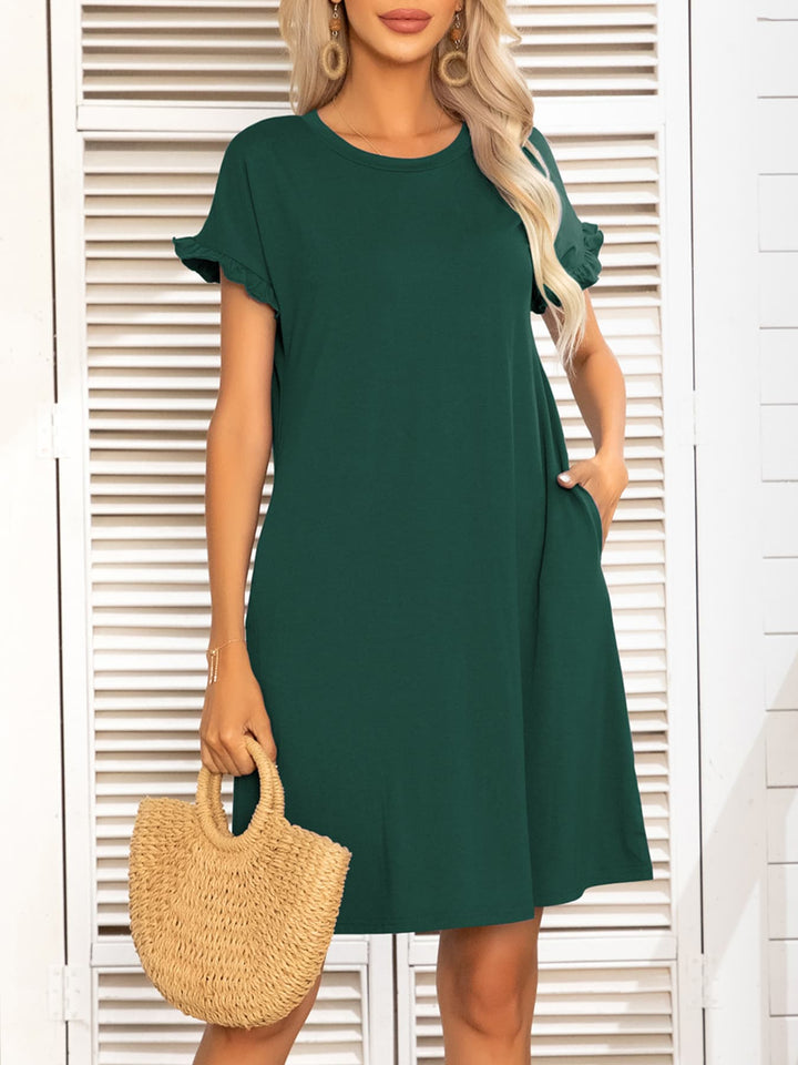 Round Neck Flounce Sleeve Dress with Pockets - Runway Frenzy 