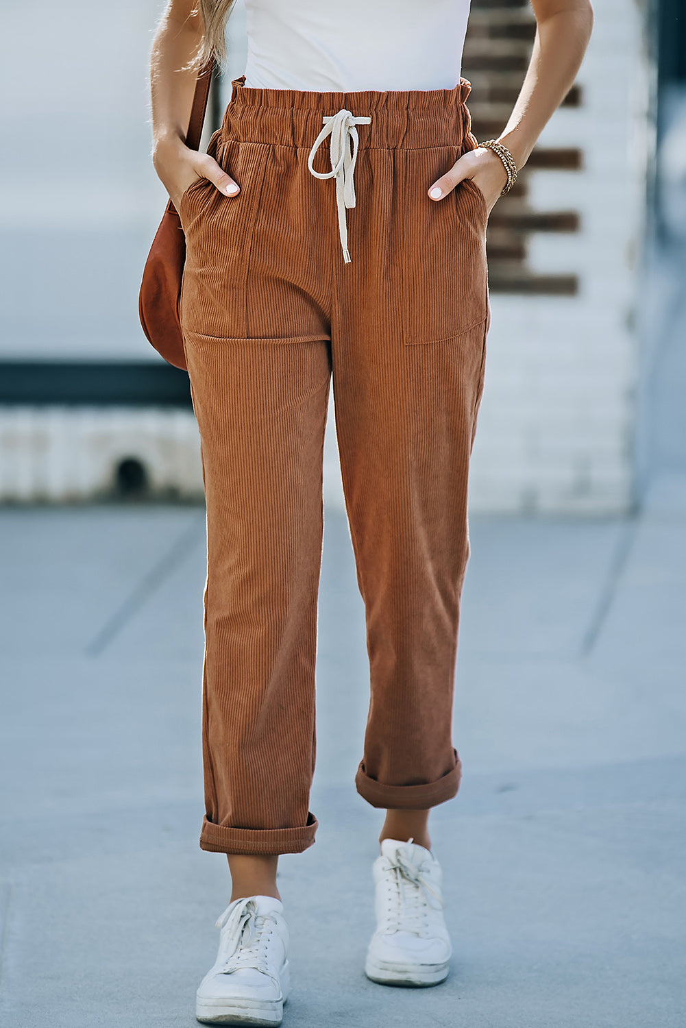 Drawstring Waist Corduroy Pants with Pockets - Runway Frenzy