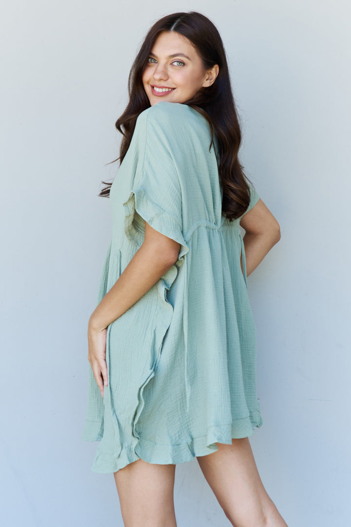 Ninexis Out Of Time Full Size Ruffle Hem Dress with Drawstring Waistband in Light Sage - Runway Frenzy 