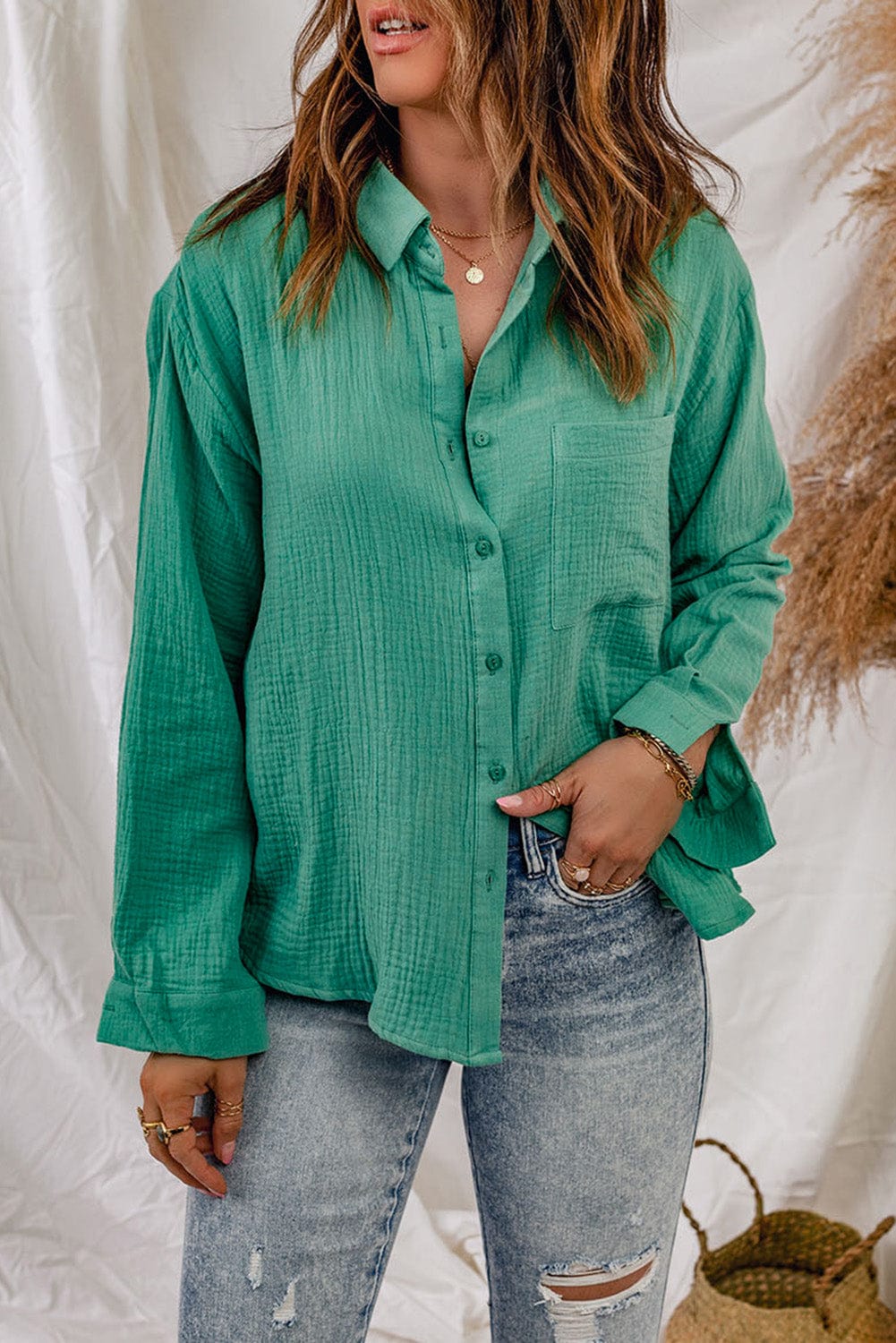 Textured Button Down Shirt with Pocket - Runway Frenzy