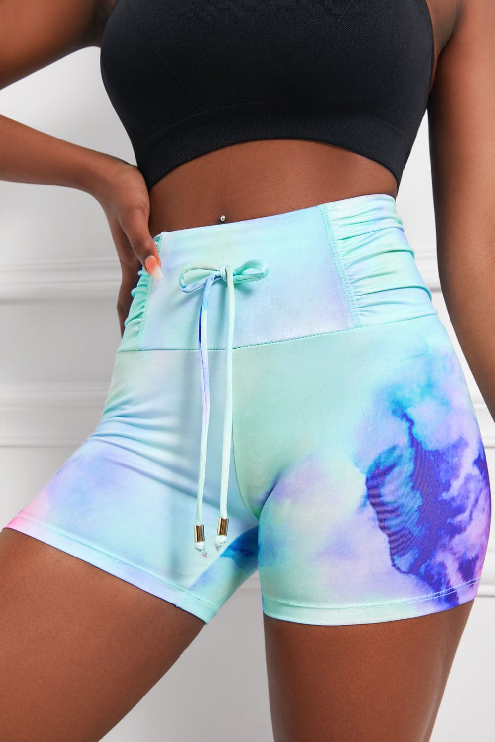 Tie-Dye Tie Detail Ruched Sports Shorts - Runway Frenzy 