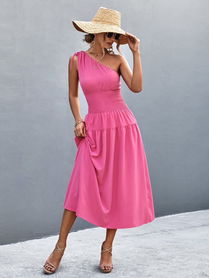 Asymmetrical One Shoulder Smocked Waist Midi Dress - Runway Frenzy