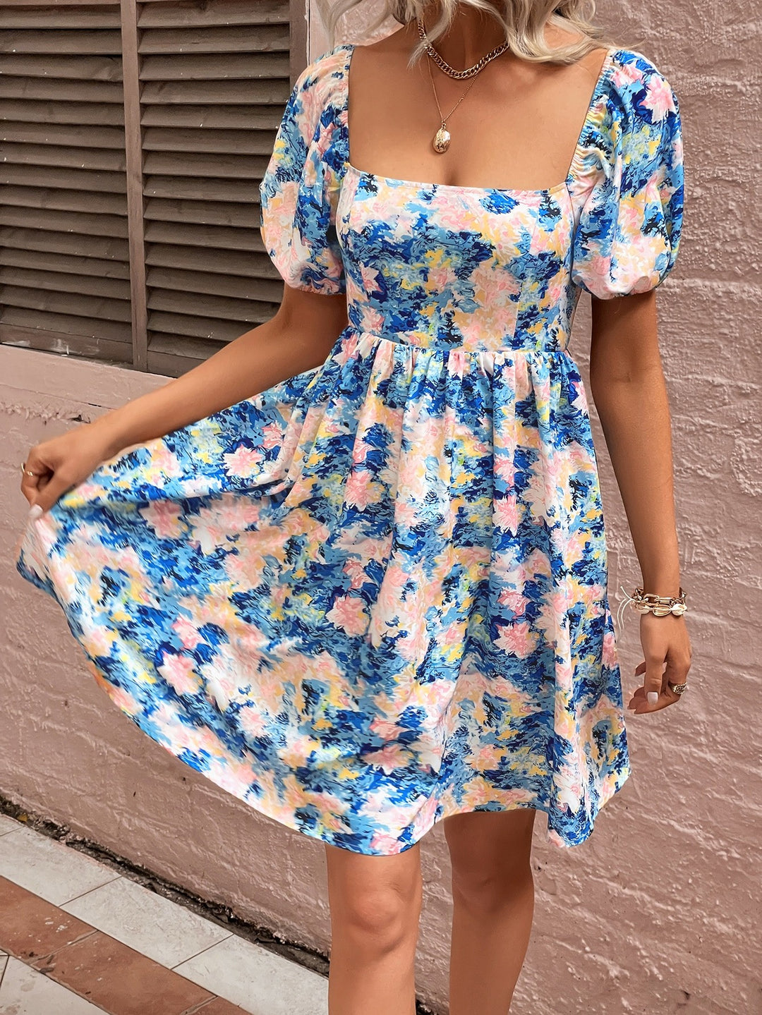 Floral Square Neck Puff Sleeve Dress - Runway Frenzy